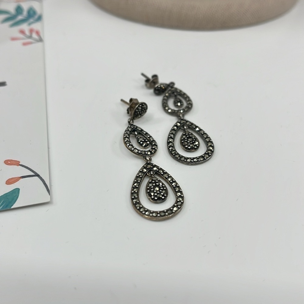 Suspicion Marcasite 🖤 Sterling Silver Teardrop Stud Earrings 🌟 - Picture 8 of 13